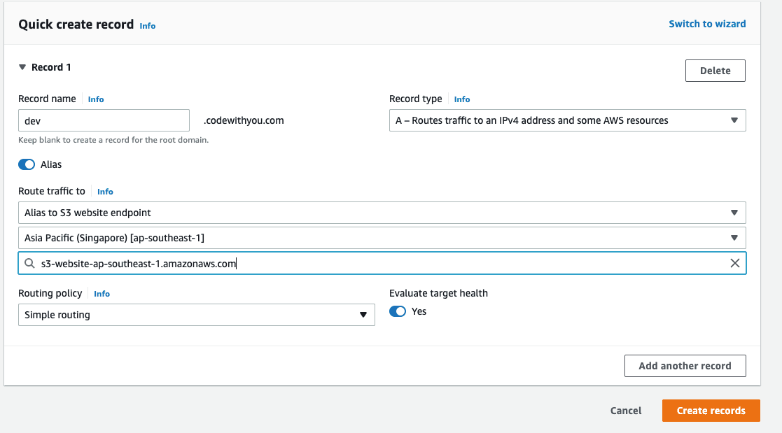 Create alias record